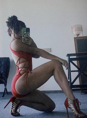 1996 欧美性感交叉绑带连体衣露背显瘦红色舞台爵士舞heels上衣潮