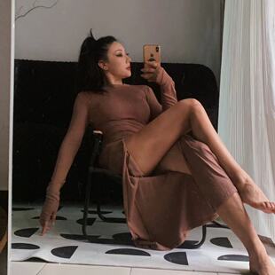 1996国风爵士开衩连衣裙显腿长现代舞长袖螺纹高弹力显瘦旗袍裙子