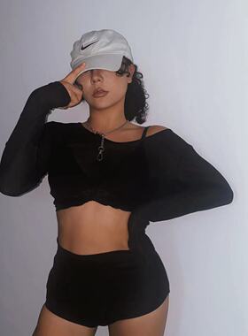 1996 爵士舞透视黑色基础练习衣V领显瘦紧身露脐网纱上衣打底衫女