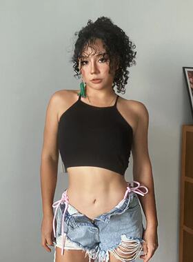 1996 高强度防震带胸垫黑色吊带背心欧美修身露脐性感挂脖内搭