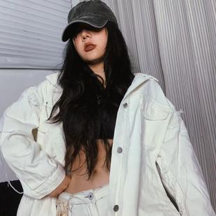1996 爵士舞欧美牛仔白色上衣宽松型hippop潮人做旧流苏拼接外套