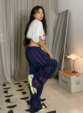 1996 欧美爵士hippop跳舞直筒裤蓝色宽松街头高腰显瘦束腿裤潮冬