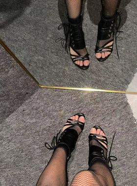 1996 性感heels耐磨丝袜女跳舞专用渔网袜爵士舞露趾显瘦连体袜