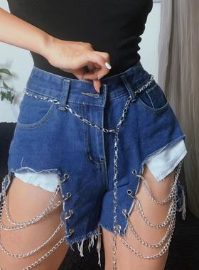 1996 欧美辣妹街头刀割链条蓝色牛仔裤性感高腰显瘦镂空短裤女潮