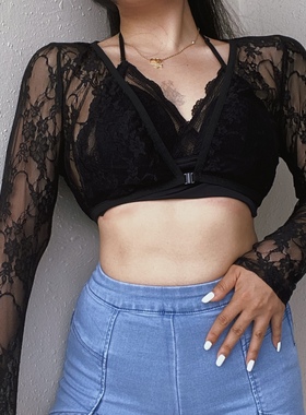 1996 欧美透视性感镂空爵士女团短上衣蕾丝v领跳舞超辣开衫女夏