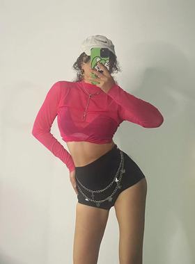 1996 亮色黑皮蕾丝衫爵士舞练舞长袖高弹网纱性感超薄透明上衣女