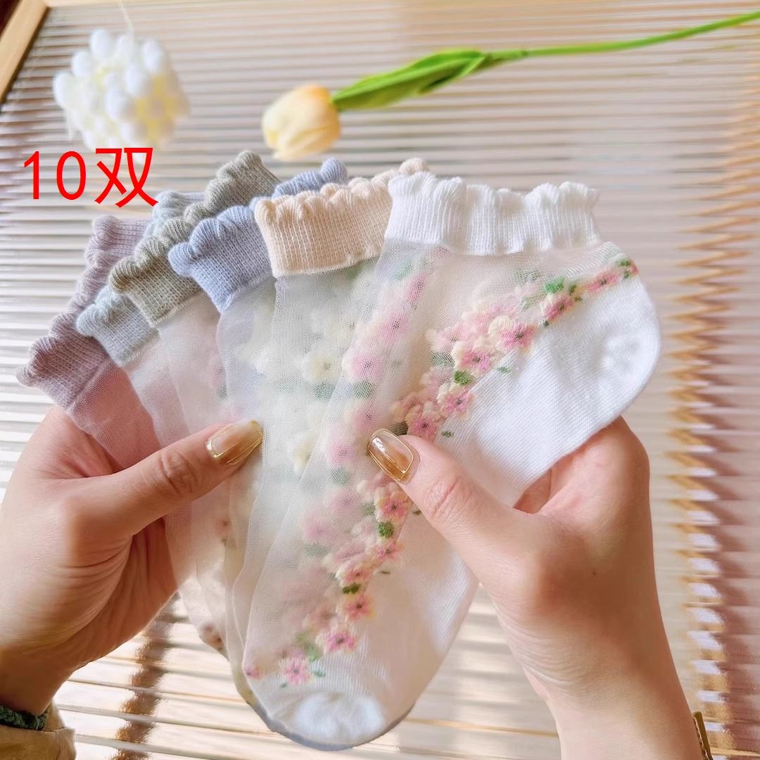 薄款卡丝袜夏季花边水晶船袜透气吸汗短袜薄款袜子女袜子船袜MM