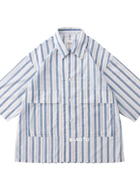 原创 日式条纹衬衫男短袖夏季外套潮流休闲宽松衬衣非VISVIM 20SS