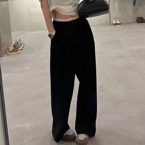 欧洲站2024春夏新款欧货高腰宽松显瘦腰字母拖地垂感直筒阔腿西裤