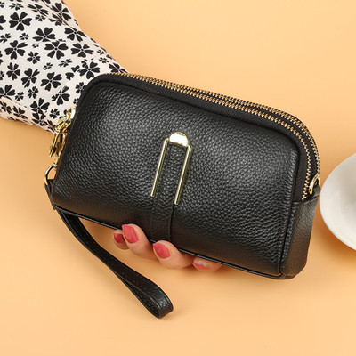 Spacious Double Zipper Phone Bag Fashionable Genuine Leather