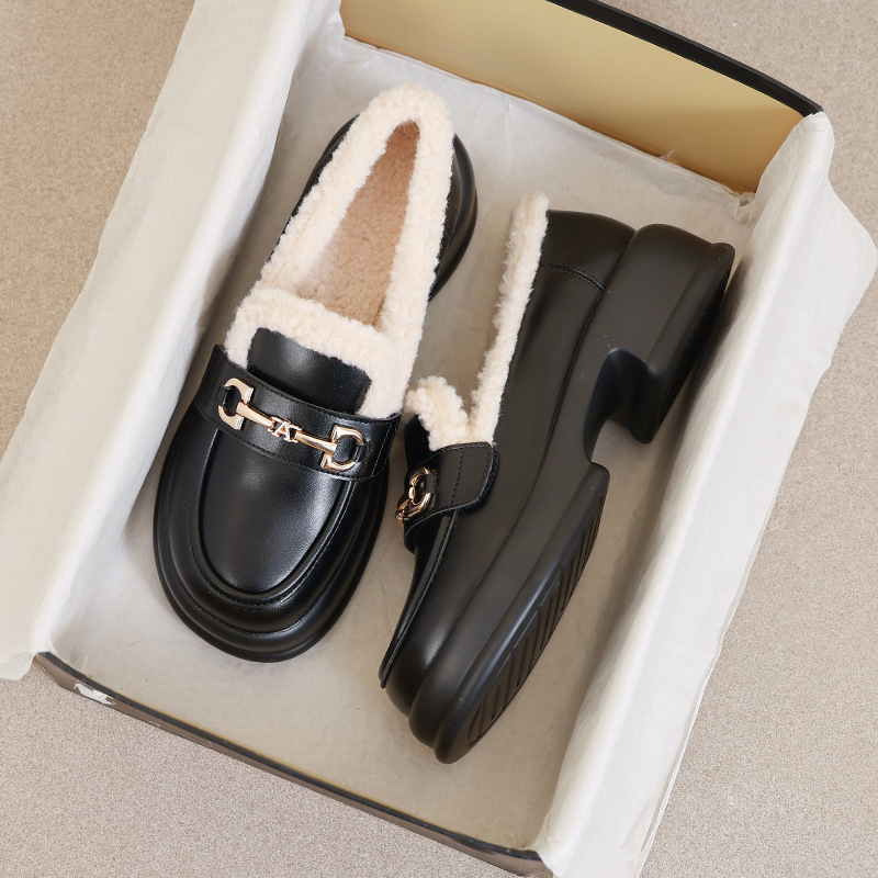 厚底乐福鞋2025粗跟圆头毛毛鞋英伦秋冬加绒新款豆豆棉鞋皮鞋单鞋