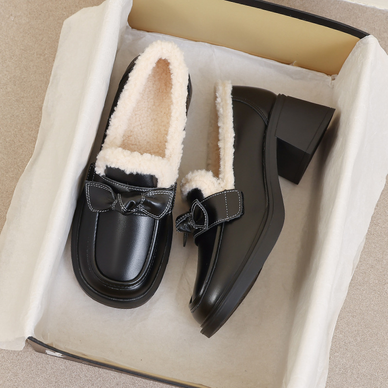 英伦毛毛鞋2025秋冬新款小皮鞋加绒乐福鞋豆豆棉鞋保暖软底单鞋