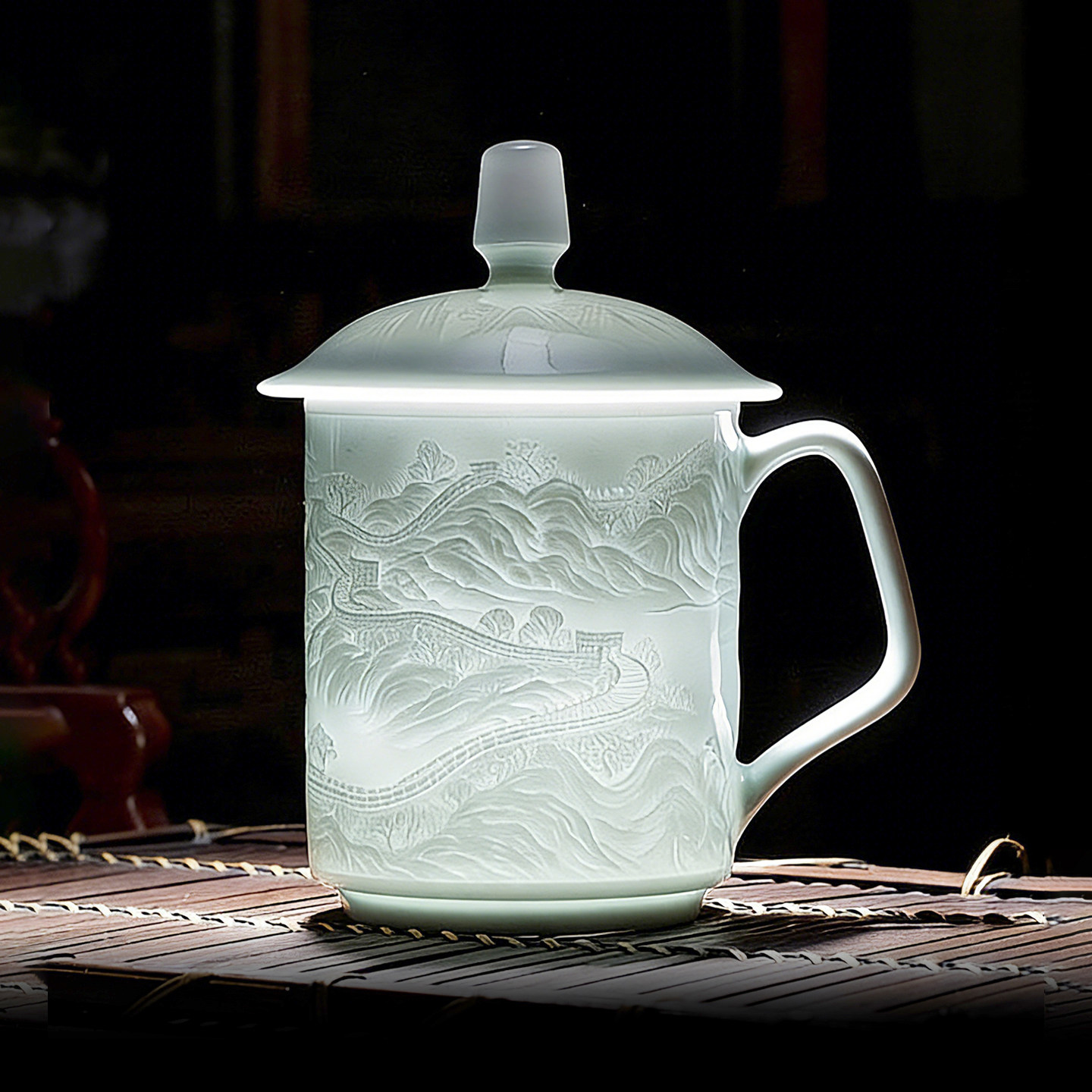 景德镇陶瓷新款茶杯家用办公高端大容量带盖马克杯影青水杯礼盒装