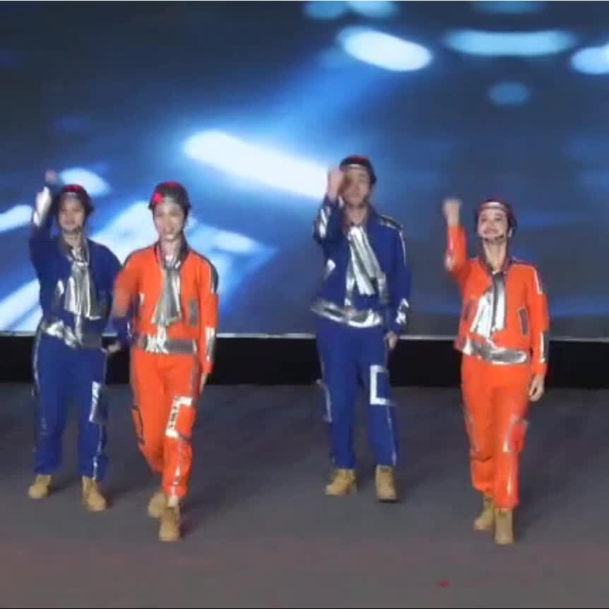 自豪的建设者舞蹈服蓝色工装男女演出服装团体表演舞蹈服舞台装
