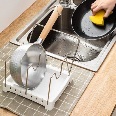 厨房不锈钢锅具收纳架 带毛巾杆多用途桌面置物架可调节整理架