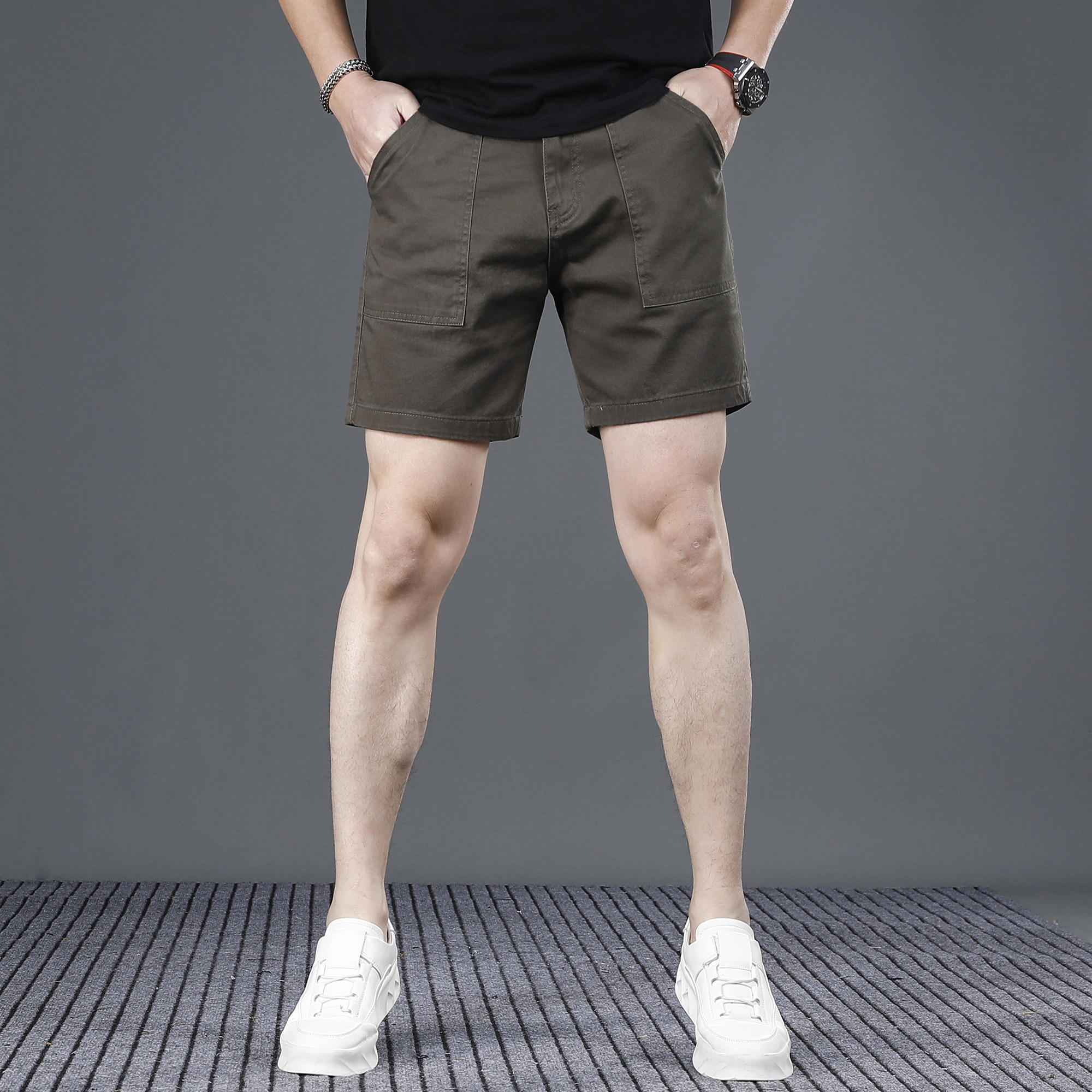 夏季纯棉弹力四分裤男士美式休闲外贸修身军绿色工装三分短裤子