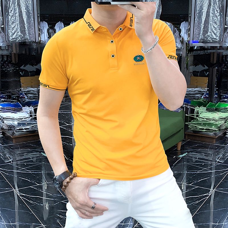 男生夏季新款时尚潮流polo衫字母男装短袖翻领帅气修身t恤衫黄色