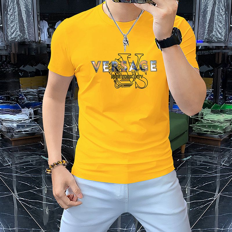高档轻奢圆领短袖欧潮2025夏季时尚多工艺品质男士修身t恤衫黄色