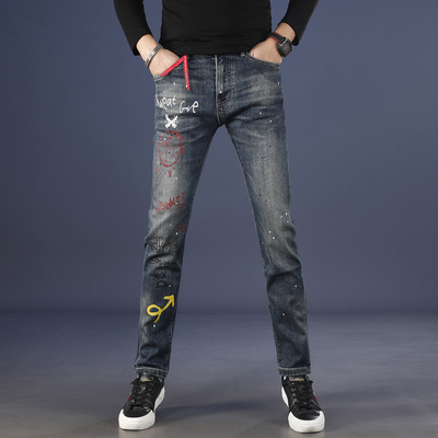 潮牌个性涂鸦牛仔裤男款修身小脚2025新款秋冬季潮流痞帅男士裤子