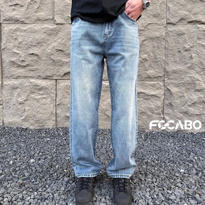美式复古做旧宽松直筒牛仔裤