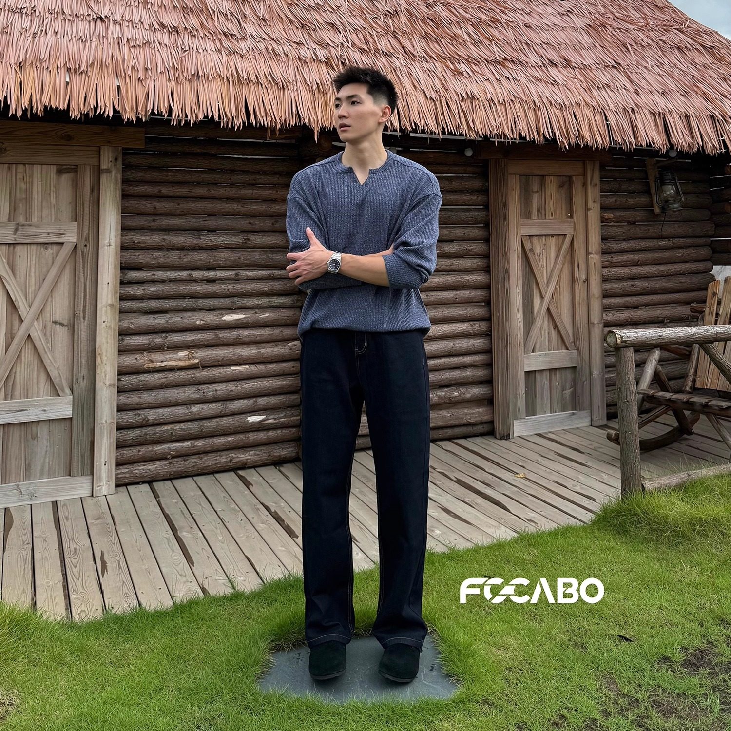 FOCABO美式混纺华夫格弹力V领长袖cleanfit老钱秋冬宽松休闲卫衣