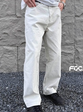 FOCABO美式珠帆颗粒全棉水洗伐木直筒工装裤百搭质感白色休闲长裤