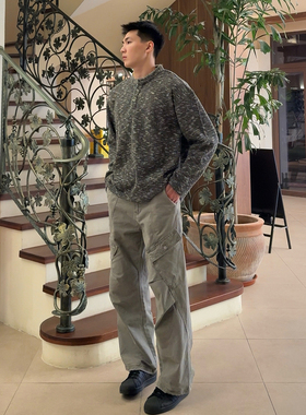 FOCABO美式复古混纺一体绒针织亨利领长袖卫衣高质感宽松百搭毛衣