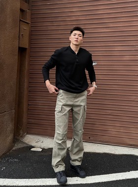 FOCABO美式硬汉层叠环绕直筒工装裤男简约立体斜纹弹力休闲长裤