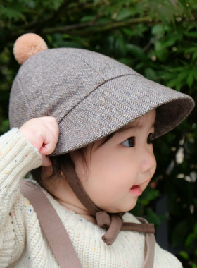 婴儿帽子可爱球球毛呢保暖大檐防晒儿童男女宝宝遮阳帽棒球帽秋冬