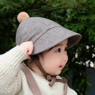 婴儿帽子可爱球球毛呢保暖大檐防晒儿童男女宝宝遮阳帽棒球帽秋冬