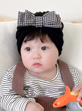 婴儿帽子千鸟格保暖羊绒棉儿童初生新生儿男女宝宝护囟门胎帽秋冬