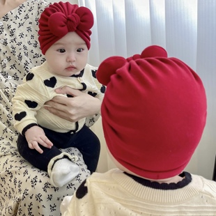 婴儿帽子秋冬可爱蝴蝶结保暖羊绒棉初生新生儿男女宝宝护囟门胎帽