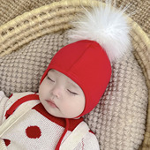 婴儿帽子秋冬貉子毛球羊绒棉保暖儿童新生儿小月龄男女宝宝护耳帽