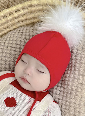 婴儿帽子秋冬貉子毛球羊绒棉保暖儿童新生儿小月龄男女宝宝护耳帽