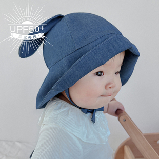 ins兔耳朵婴儿帽子天丝牛仔大帽檐防晒宝宝儿童遮阳帽大pp裤 春夏