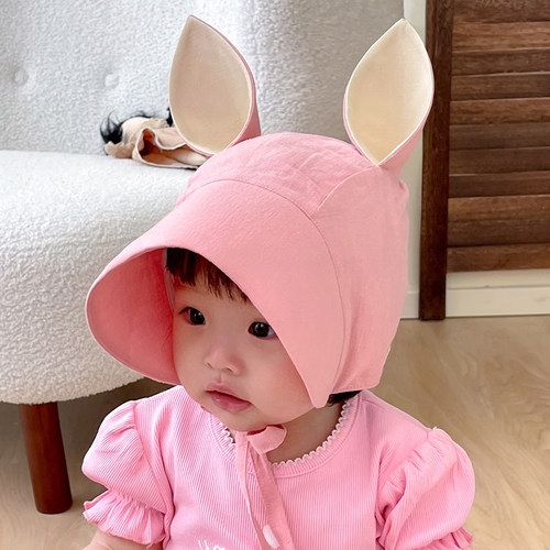 可爱松鼠棉麻大帽檐婴儿遮阳帽夏