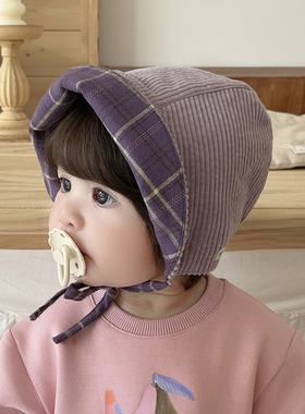 婴儿帽子秋冬双面格子全棉灯芯绒大檐防晒保暖儿童男女宝宝遮阳帽
