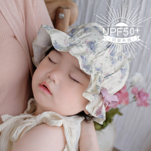 婴儿帽子可调节纯棉薄款防晒大檐小碎花儿童盆帽女宝宝渔夫帽夏季