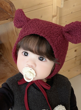 婴儿帽子可爱小熊全羊毛圈圈保暖儿童小月龄男女宝宝护耳帽秋冬季