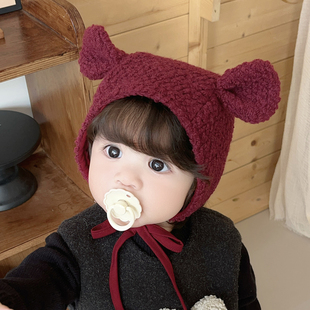 婴儿帽子可爱小熊全羊毛圈圈保暖儿童小月龄男女宝宝护耳帽秋冬季