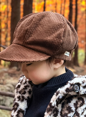 婴儿帽子秋冬季灯芯绒防晒大檐韩版男女宝宝儿童画家贝雷帽遮阳帽