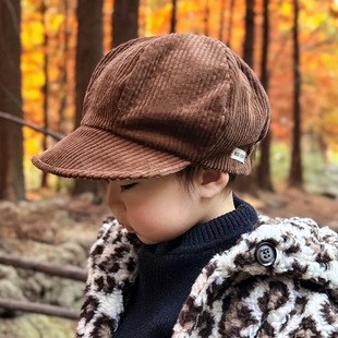 婴儿帽子秋冬季 男女宝宝儿童画家贝雷帽遮阳帽 灯芯绒防晒大檐韩版