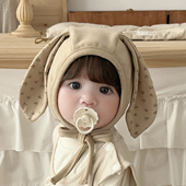 婴儿帽子秋冬可爱碎花兔耳朵澳绒保暖小月龄新生儿宝宝儿童护耳帽