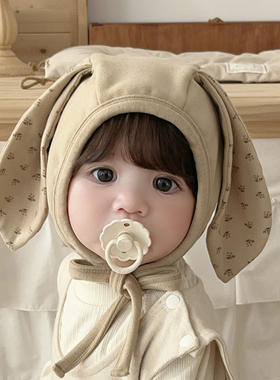 婴儿帽子秋冬可爱碎花兔耳朵澳绒保暖小月龄新生儿宝宝儿童护耳帽