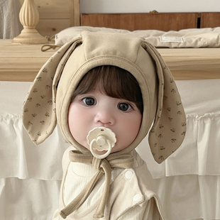 婴儿帽子秋冬可爱碎花兔耳朵澳绒保暖小月龄新生儿宝宝儿童护耳帽