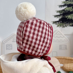 婴儿帽子秋冬季 可爱格子羊毛球毛呢保暖婴幼儿男女宝宝儿童护耳帽