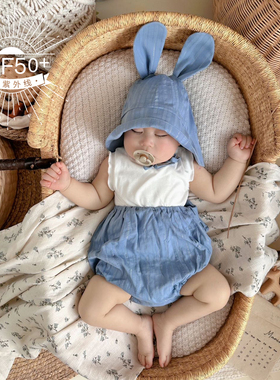 婴儿遮阳帽条纹兔耳朵大帽檐防晒防紫外线男女宝宝儿童遮阳帽短裤