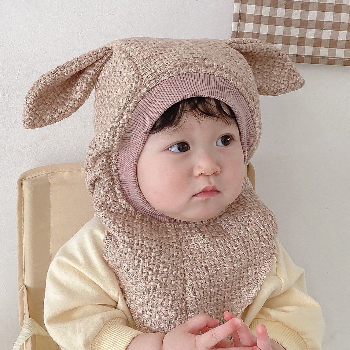 婴儿帽子加绒加厚保暖男童女童儿童宝宝围脖一体兔耳朵护耳帽冬季