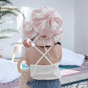 可调节粉白格子婴儿帽子夏季 透气公主儿童遮阳帽女宝宝渔夫帽 薄款