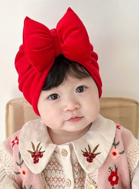 婴儿帽子红色金丝绒蝴蝶结满月百天周岁护囟门新生儿女宝宝胎帽冬